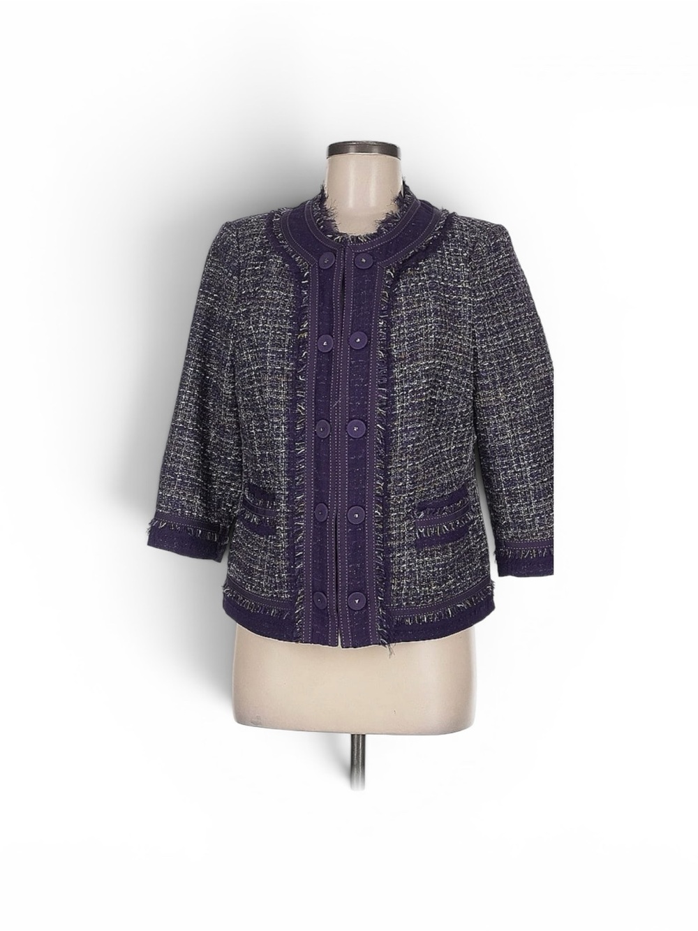 Womens Purple Tweed Jacket with Fringed Trim 3